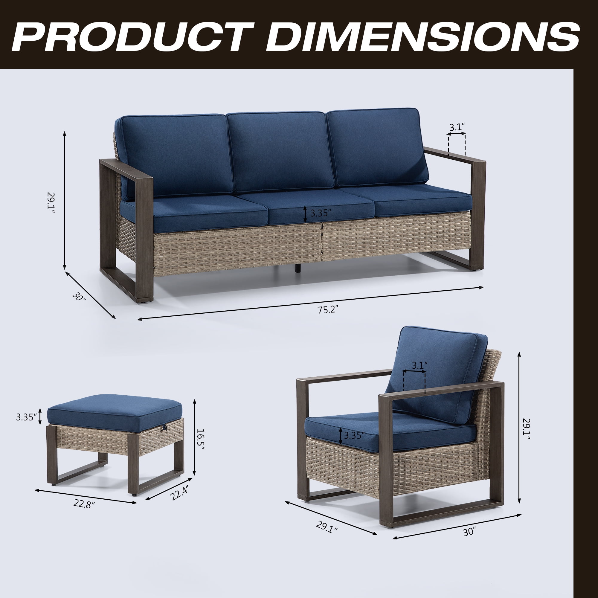 MeetLeisure 5 Pieces Wicker Patio 75" Sofa Set, All Weather Rattan Outdoor Conversation Furniture with Wood-Looking Metal Armrest & Removable Cushions for Deck Backyard Porch, Dark Blue
