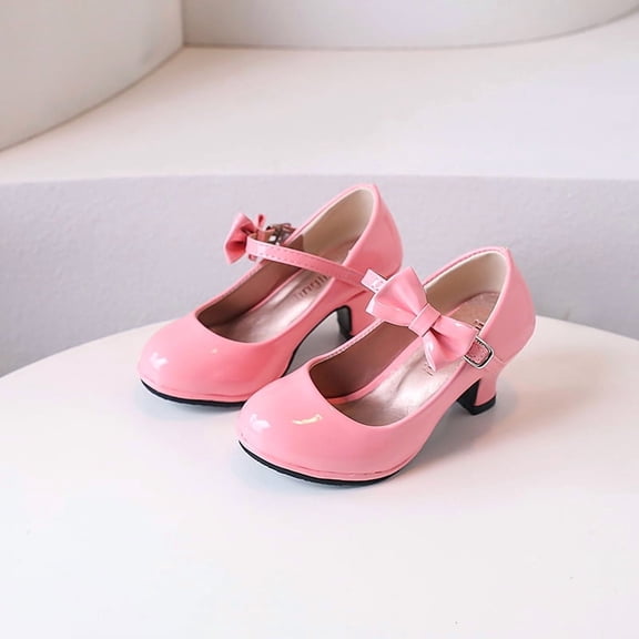 Girls' Mary Jane Patent Leather High Heels - Pink/Red Bow Accent Dress Shoes for Parties & Special Occasions