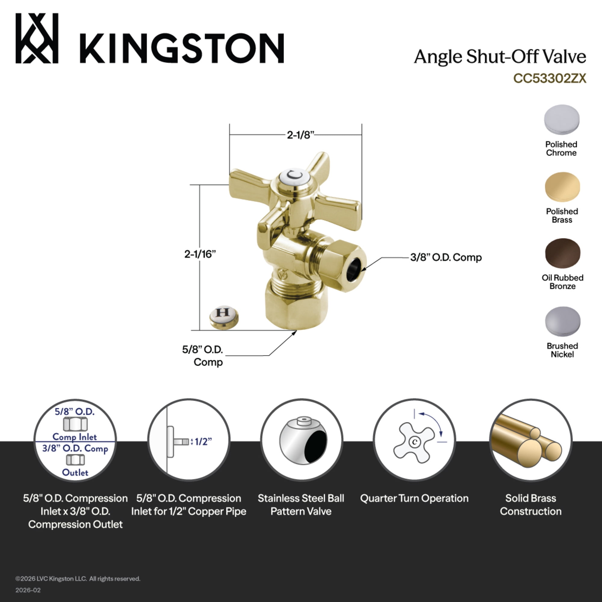 Kingston Brass CC53305ZX 5/8-Inch O.D. Comp x 3/8-Inch O.D. Comp Quarter-Turn Angle Shut-Off Valve in Oil Rubbed Bronze