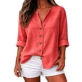 thumbnail image 2 of Women's V Neck 3/4 Sleeve Cotton Linen Button Down Blouse, Loose Relaxed Fit Shirt with Rolled Cuff, for Summer Daily Wear or Beach Vacation Outfits Red, 2 of 5
