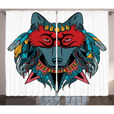 Native American Spirit Masks (Tribal Curtains 2 Panels Set, Indian Warrior Wolf Portrait with Mask Feathers Native American Animal Art, Window Drapes for Living Room Bedroom, 108W X 84L Inches, Teal White and Red,)