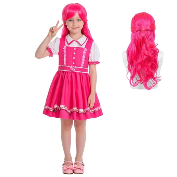 Princess Dress Rise of Red Costume Cosplay, Pink Halloween Outfit with Puff Sleeve Dress and Wig for Themed Party Events, Anime Cosplay