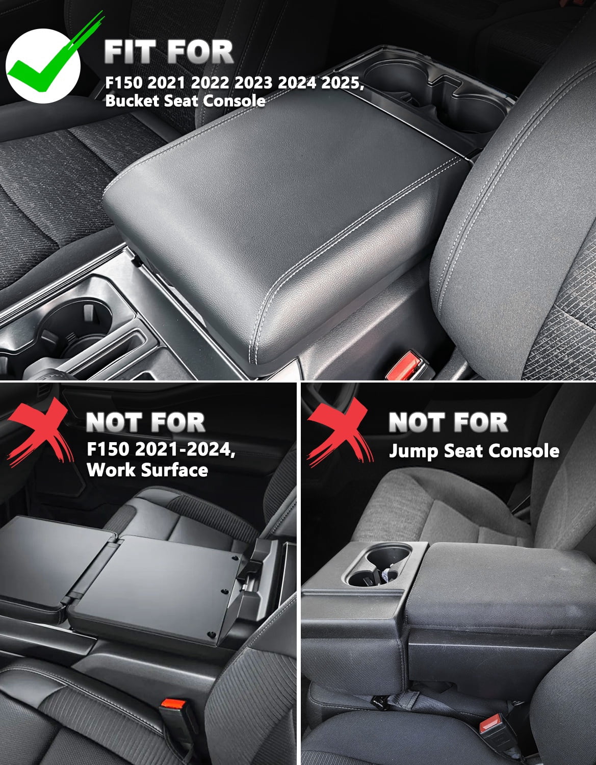 KBH Center Console Cover for 2021-2026 Ford F150 Accessories, Anti-Scratch Leather Middle Armrest Cusion Protector, Black(Bucket Seat Only)