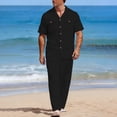 thumbnail image 6 of Men’s 2 Piece 100% Cotton Linen Outfit Summer Beach Short Sleeve Button Down Work Shirt and Pants Set Black, 6 of 8