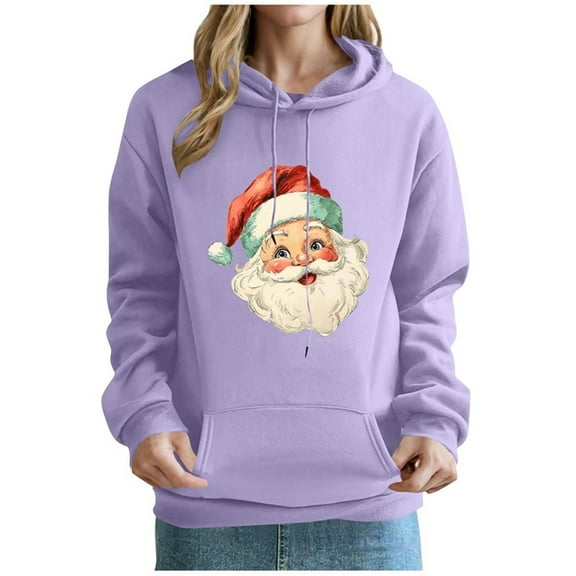 Christmas Hoodies for Women Santa Holiday Graphic Long Sleeve Pullover Sweatshirt with Pocket Purple 2XL