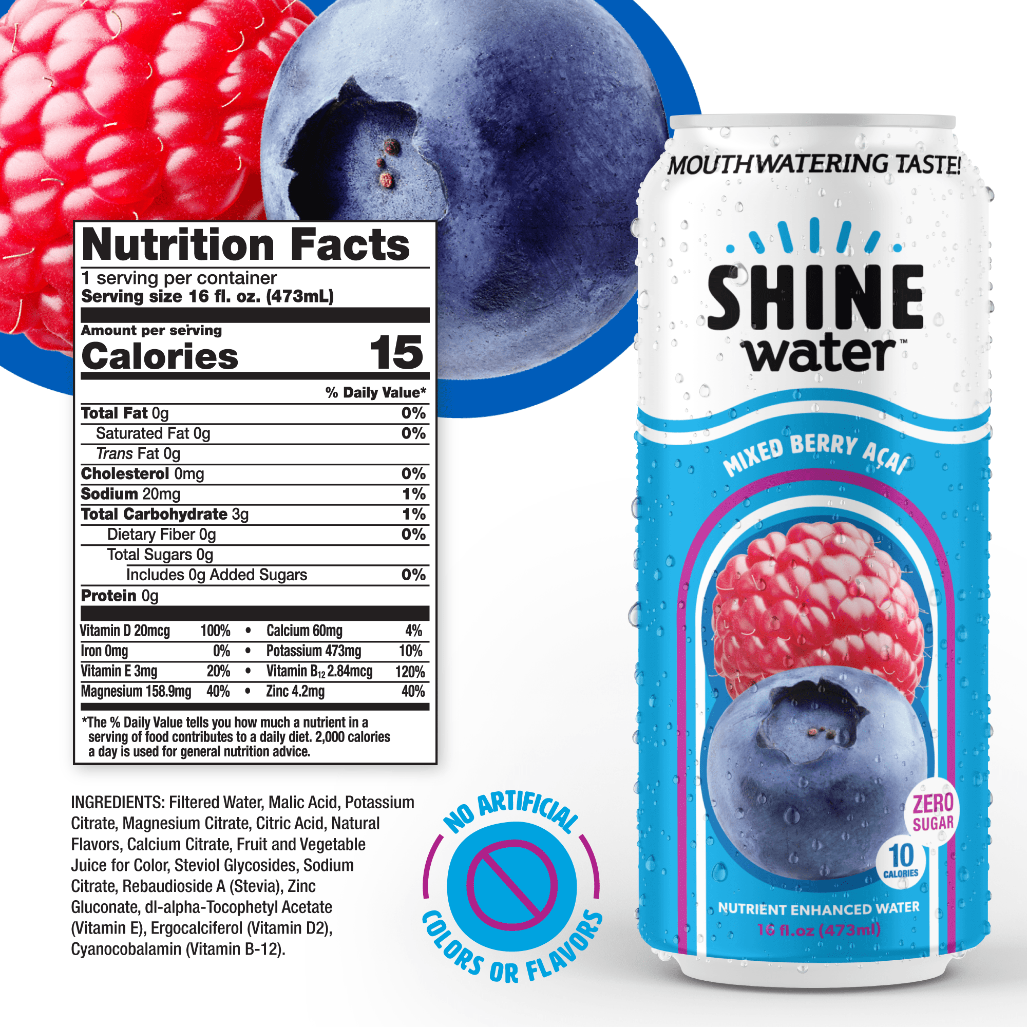Shine Water Mixed Berry Acai Vitamin D Electrolyte Drinks 12-Pack, Sugar Free Flavored Water with Magnesium, Zinc & Antioxidants, Low Calorie Hydration