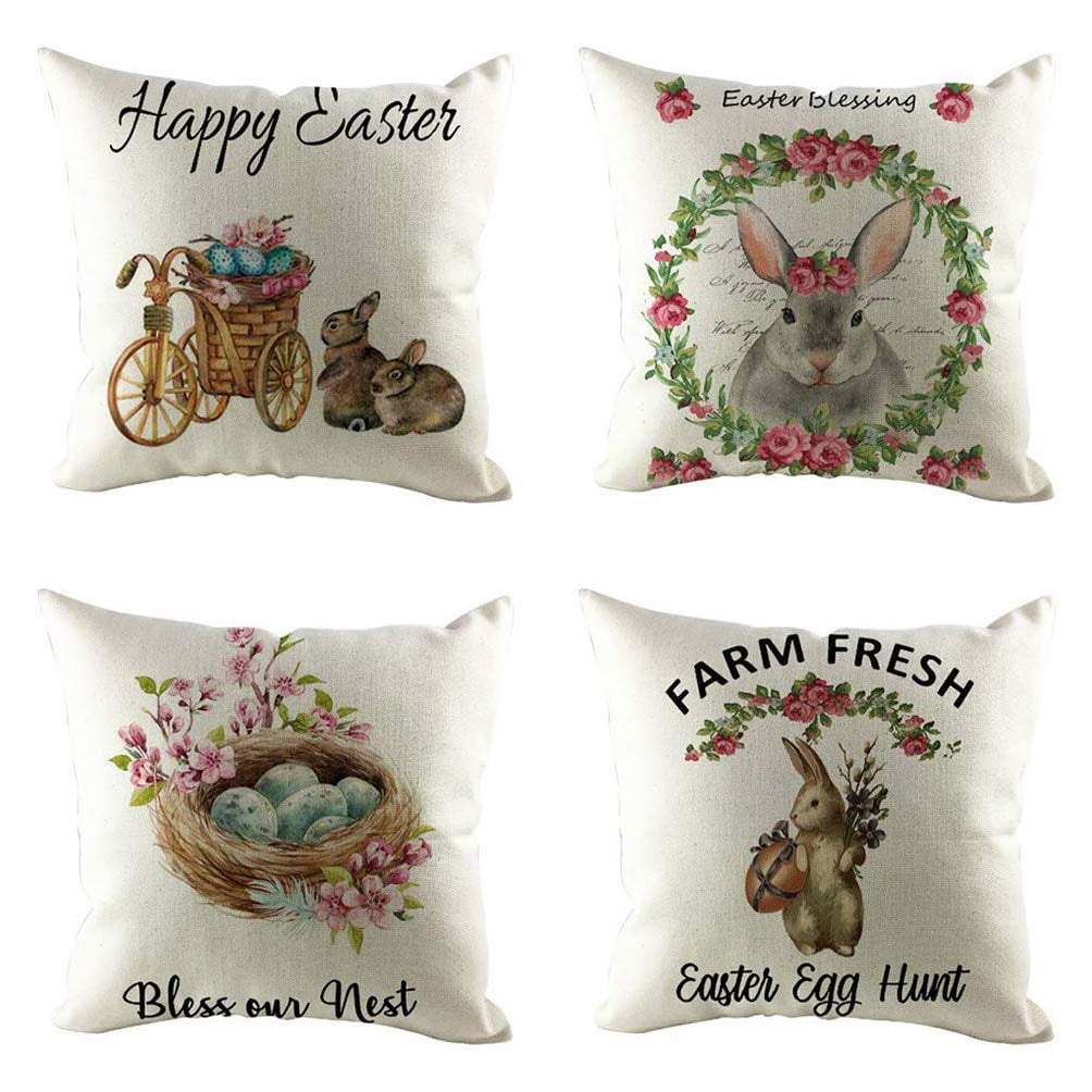 Easter Floral Pillow Case Spring Seasonal Home Decor Rabbit Throw Cushion Cover 