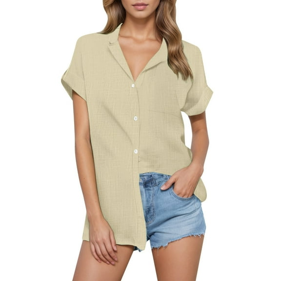 Button Down Shirts for Women Solid Color Lapel Collar V-Neck Short Sleeve Blouses Trendy Comfy Relaxed Fit Workout Tops