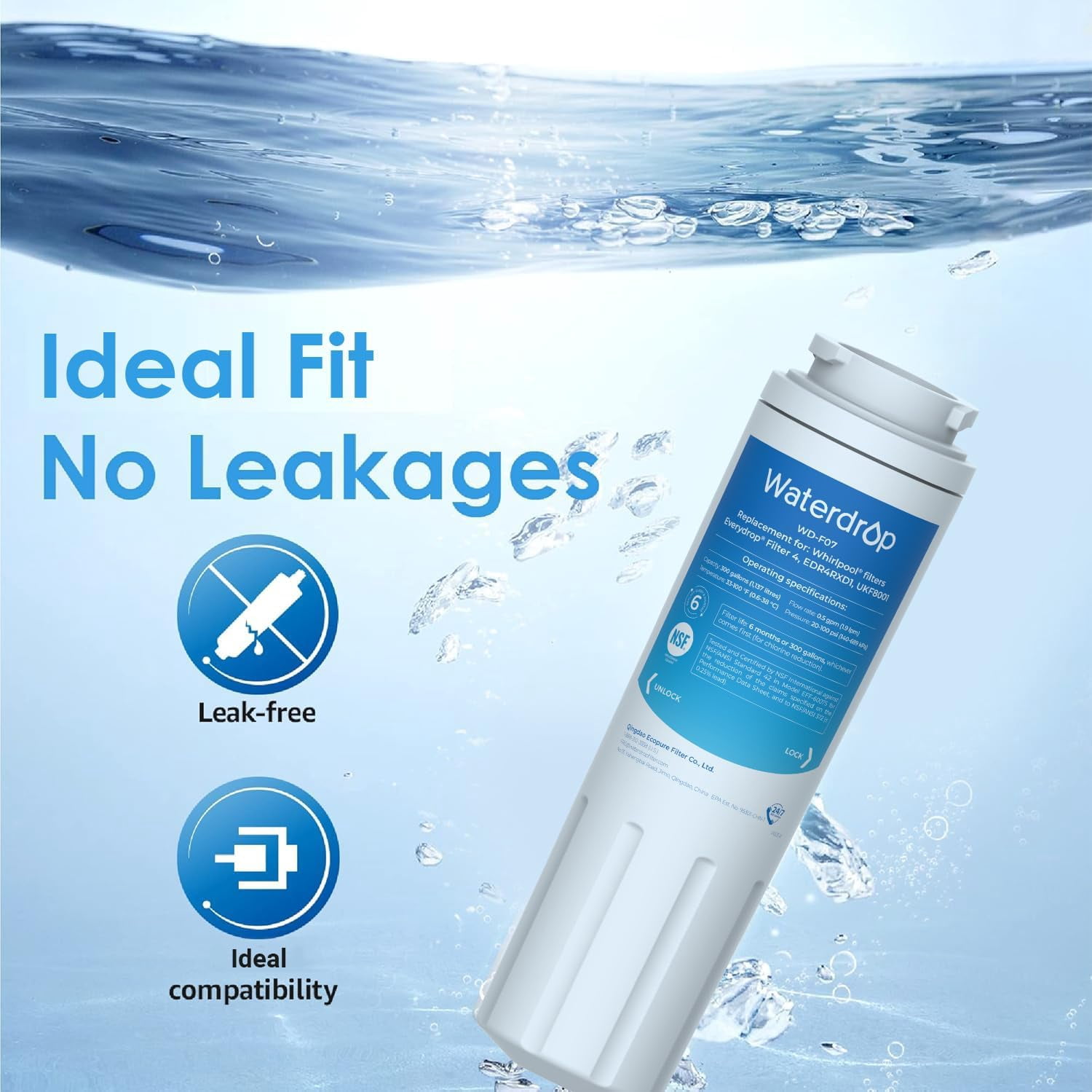 Waterdrop UKF8001 NSF 401&53&42 Certified Refrigerator Water Filter Compatible with Maytag UKF8001, EDR4RXD1, Whirlpool Filter 4, 4396395(Pack of 4）