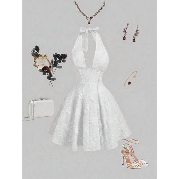 White Halter Neck Deep V-Neck Mini Dress With Floral Embroidered Lace And Rhinestone Accents