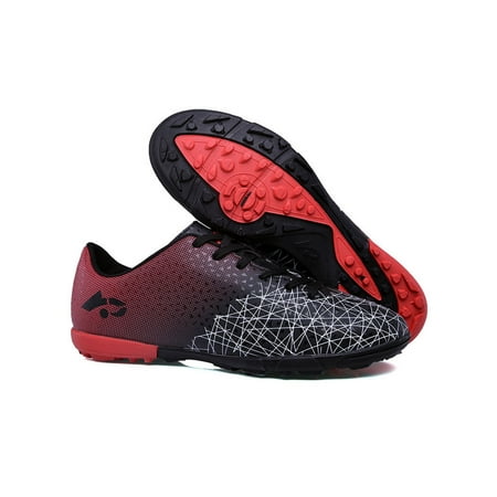 

Lacyhop Mens Football Shoes Spike Soccer Cleats Ground Training Shoe Indoor&Outdoor Slip Resistant Trainers Comfort Lace Up Athletic Sneakers Red Black Short Spike 4.5Y