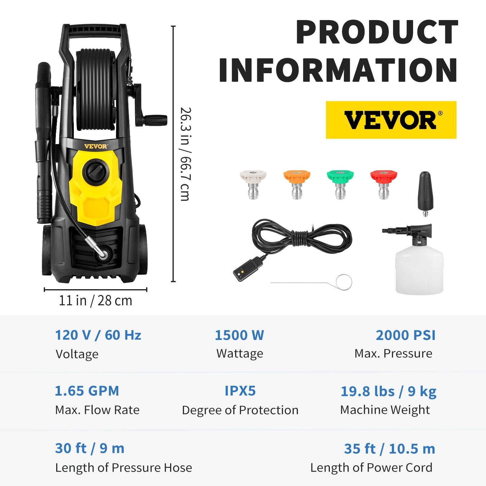Electric Power Washer 2000 PSI, 1.65 GPM – Includes Foam Cannon, 5 Nozzles & Hose Reel – Ideal for Patios, Cars (ETL Listed)