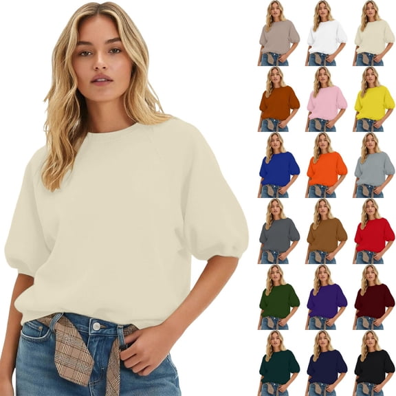 Shadoumai Oversized Short Sleeve Sweatshirts For Women Trendy Crew Neck Puff Sleeves Casual Dressy Business Blouse