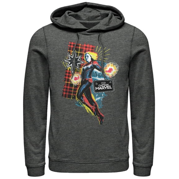 Men's Marvel Captain Marvel Flannel Patch Print Pull Over Hoodie Charcoal Heather 2X Large