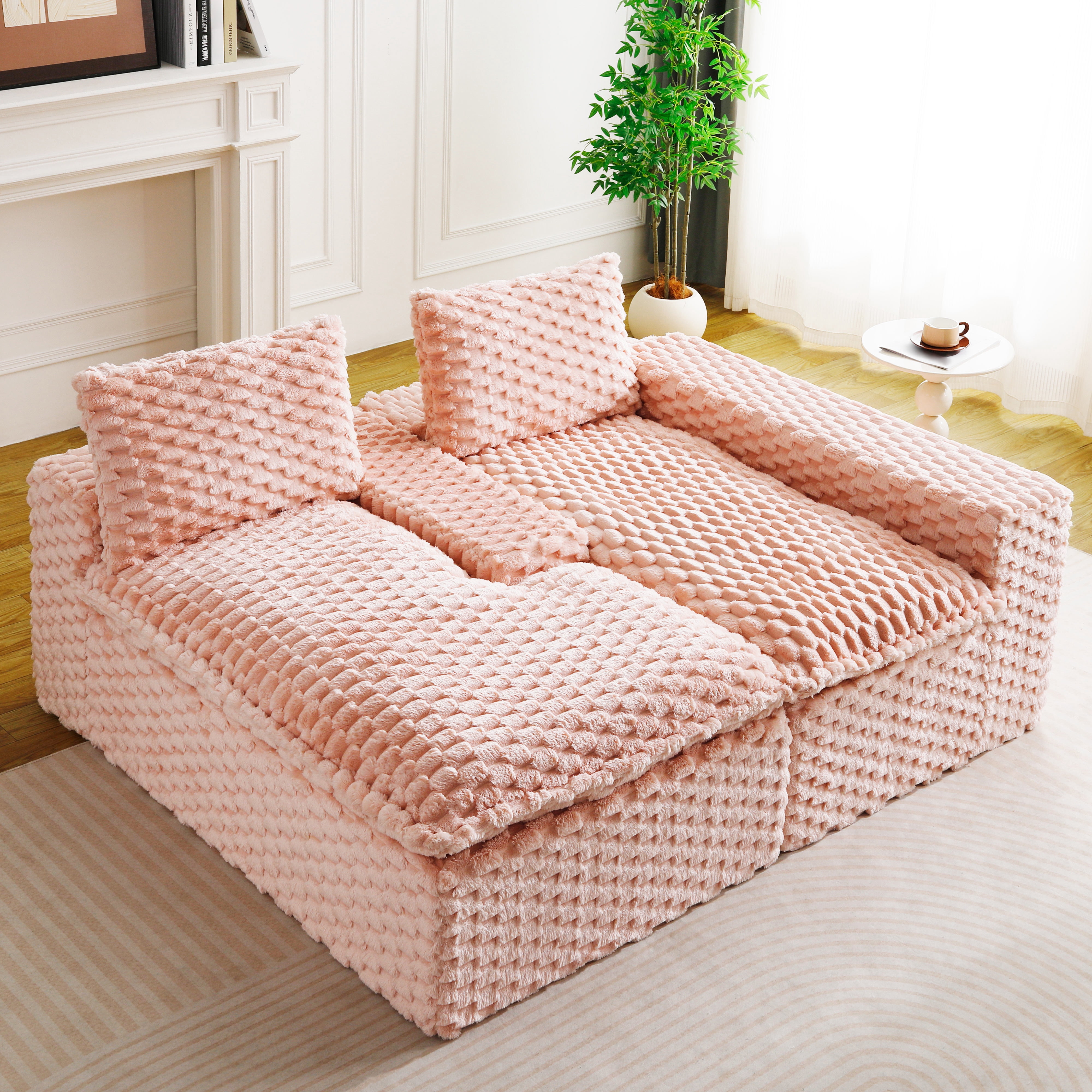 HOQBN 96"W Modular Sectional Sofa,L Shape Modern Corduroy Cloud Couch,Upholstered Deep Seat Boneless Sofa Couch with Right Chaise Lounge for Living Rooms,No Assembly Required,Pink