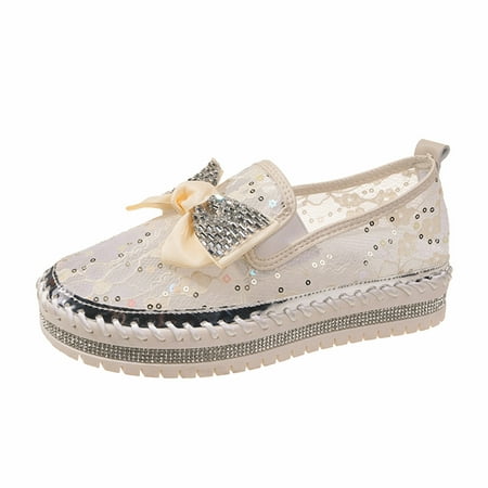 QYZEU Comfortable White Sneakers for Women Casual Shoes Ladies Fashion Rhinestone Sequin Decorative Mesh Bow Thick Sole Casual Walking Single Shoes Trainers Women Shoes Beige 40