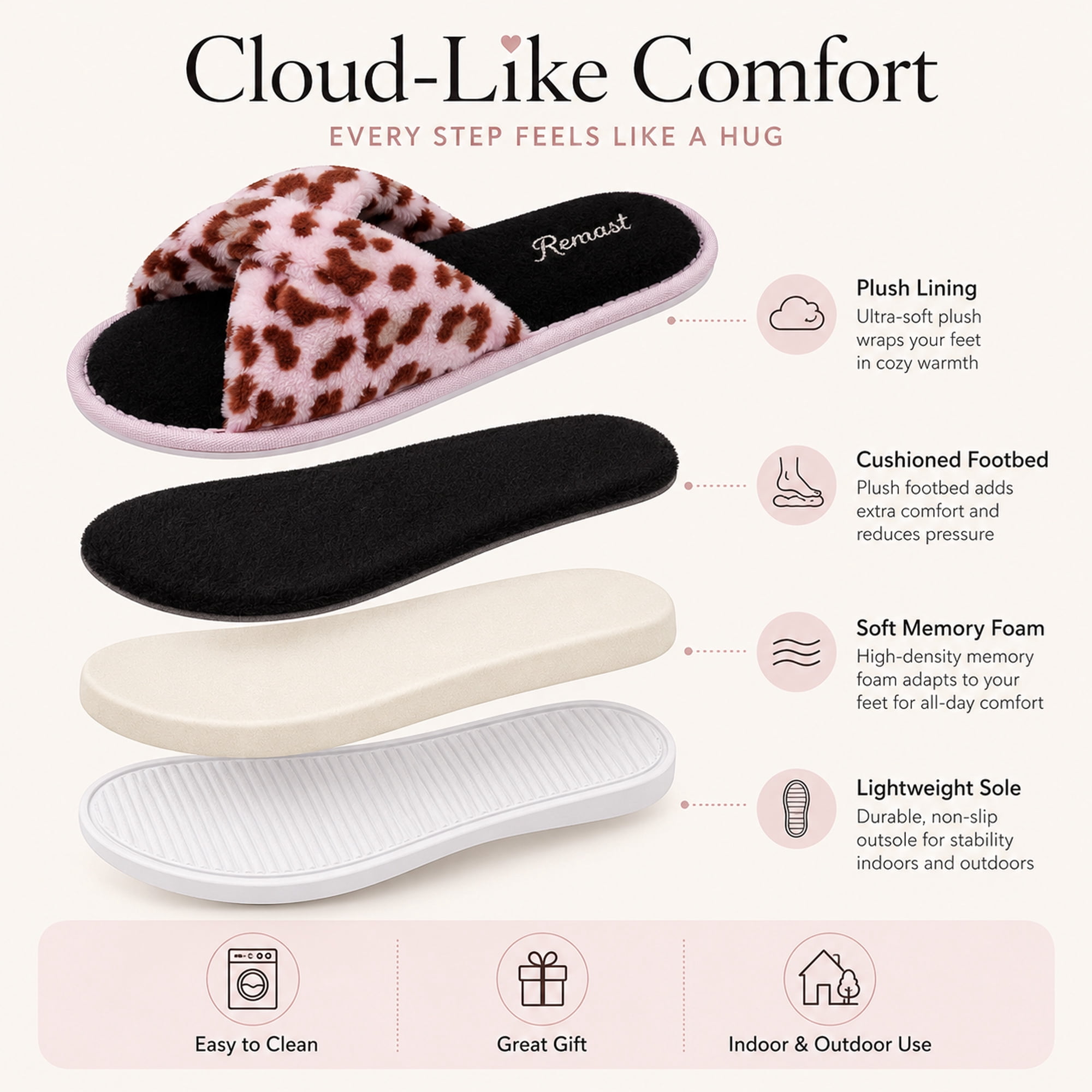 Leopard Style Memory Foam Woven Non-Slip Indoor Cozy Pom Knit Spa Women Slippers