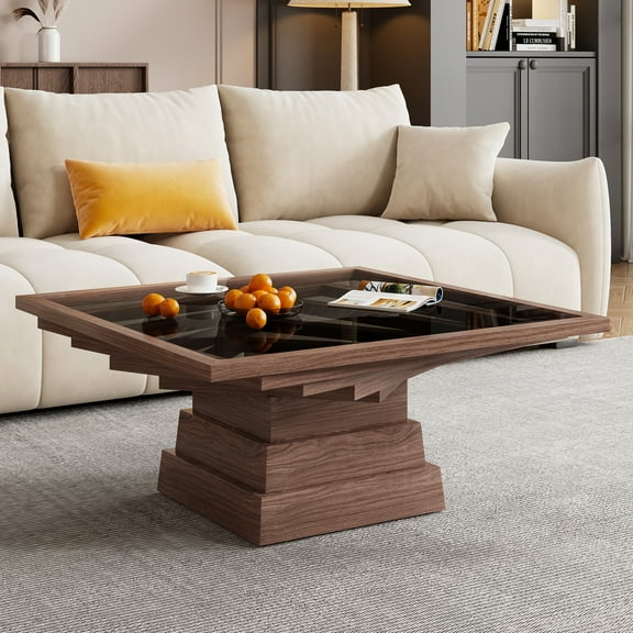 Glass Top Coffee Table,31.4-inch Square Walnut Wooden Coffee Table with Design Base,Accent Center Table for Living Room and Office