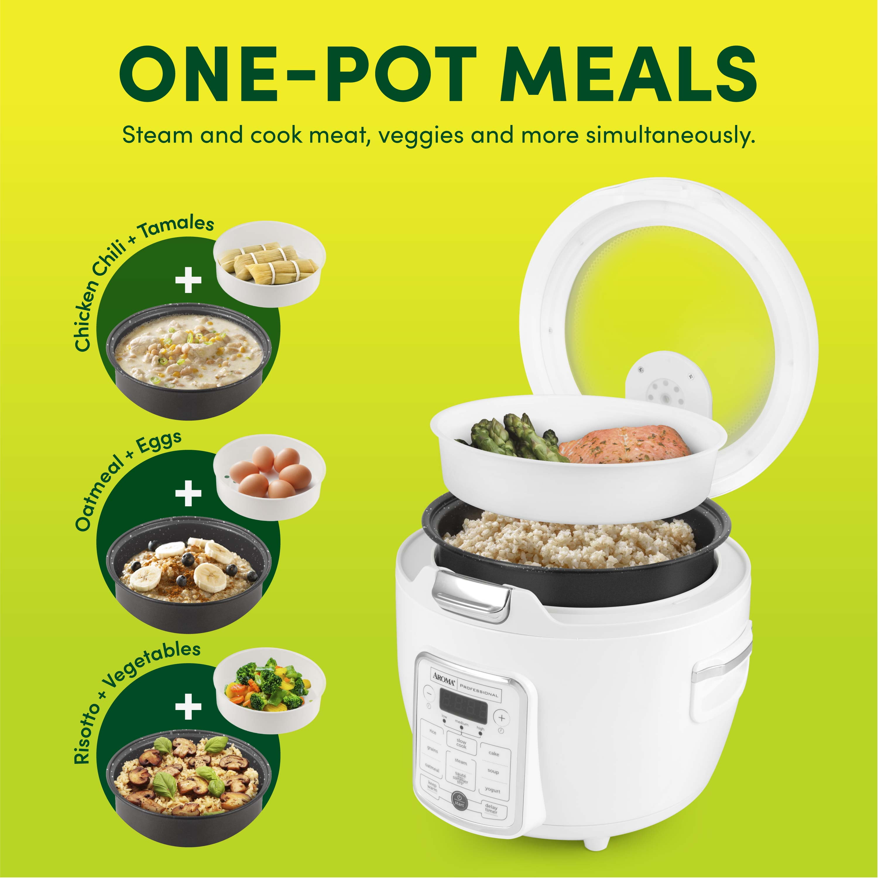 Aroma Professional 20-Cup Digital Rice & Grain Multicooker and Slow Cooker with Glass Top and 2X Bonded Granite Ceramic Non-Stick, White