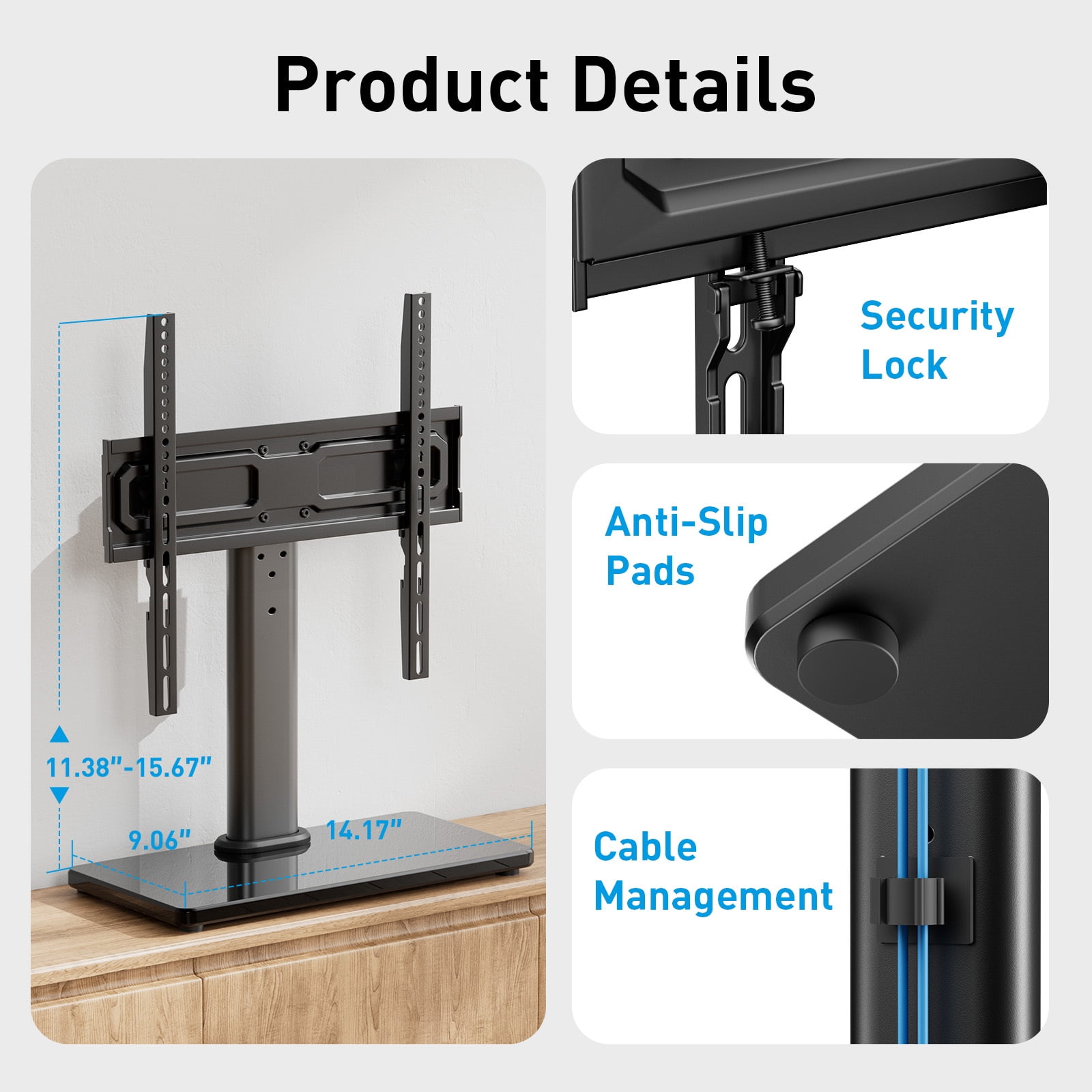 MountFTV Universal Table Top Swivel TV Stand Mount with Alloy Steel Glass Base for 24-60 inch TVs, Tabletop tv stand base with 50° Swivel, Hold up to 99Lbs, Max 400x400mm