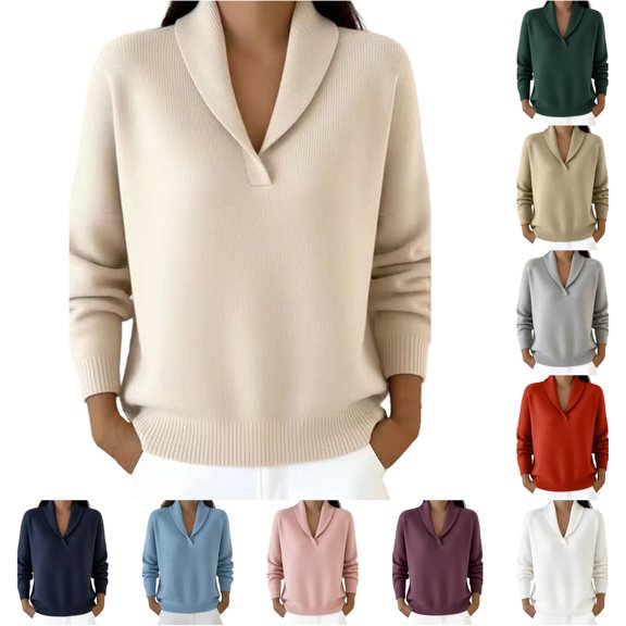 XIAONU Solid Shawl Collar Ribbed Knit Sweater For Women Loose Long Sleeve Daily Pullover Shirts