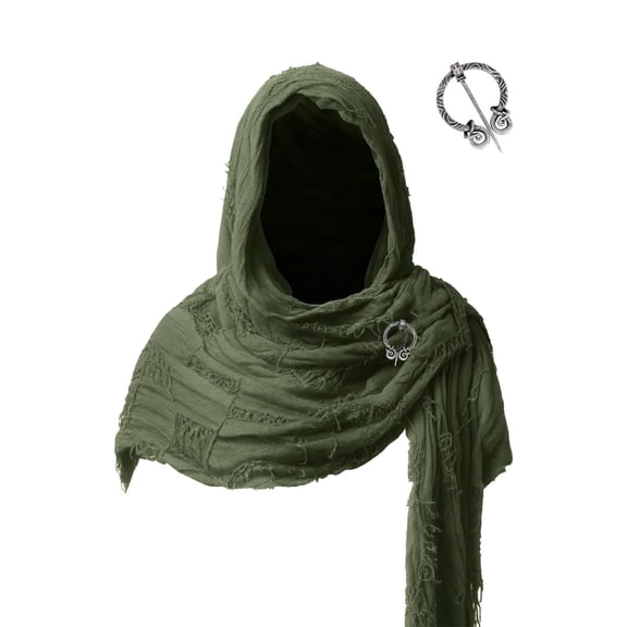 SKYKENKP Rogue Hooded Shawl with Viking Brooch – Medieval Scarf Cloak for Renaissance Costume or Cosplay