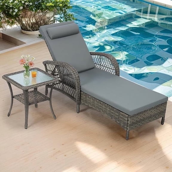VIVIJASON 2 Piece Outdoor Wicker Chaise Lounge Chair Set with Side Table, PE Rattan Patio Lounge Chair Table Set with 6-Positions Adjustable Pool Reclining Sunbathing Chair Cushioned, Gray