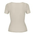 thumbnail image 4 of Holzkary Women's Henley T Shirts Summer Deep V Neck Ribbed Short Sleeve Slim Fit Button Tops Casual Tee Ice T Shirt Woven Sweater Versatile Thin V Neck Slimming Base Layer Worn Outside Beige L, 4 of 8