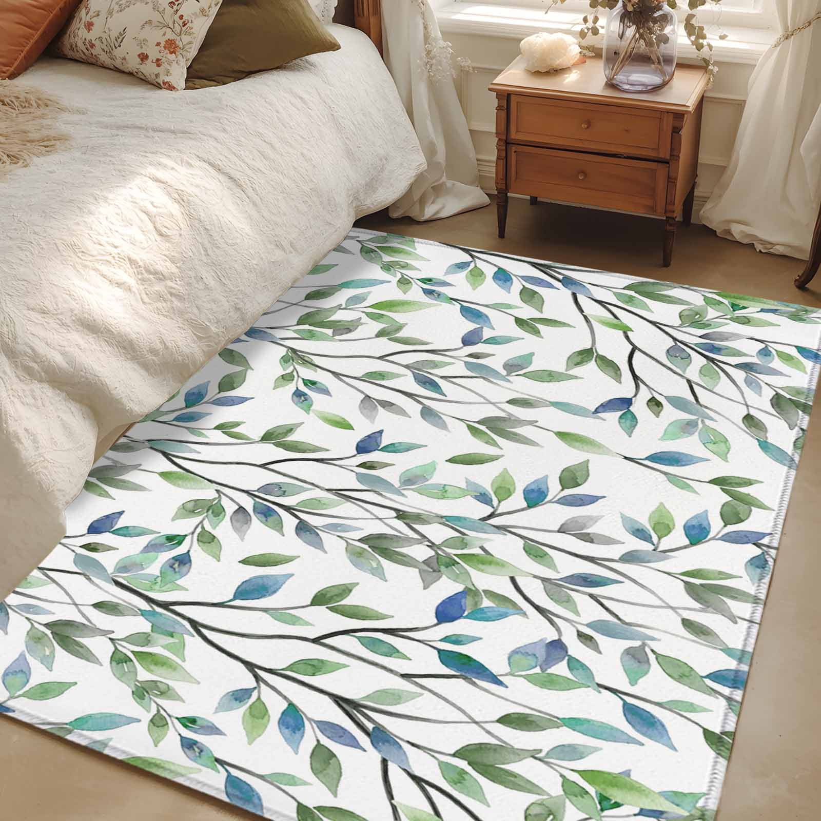 Area Rugs for Living Room Bedroom, Blue Green Eucalyptus 4'x6' Rug Washable Carpet Runner Indoor Outdoor, Spring Botanical Leaves Weeping Non Slip Accent Floor Mats Rug for Kitchen, Office