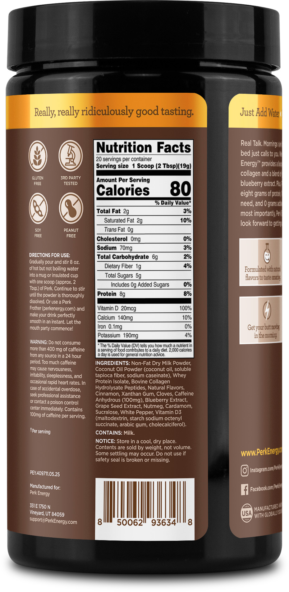 Perk Energy Drink Mix (Chai Latte) 20 Servings - Caffeinated Healthy Coffee Alternative with Protein, 100mg of Caffeine, Gluten-Free, Soy-Free