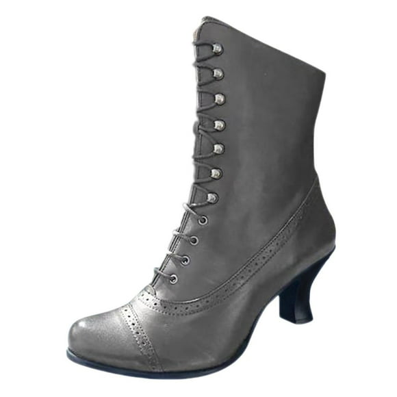 Juebong Boots on Clearance 2023 Women's Kitten Heels Lace Up Ankle Boots Low Mid Heeled Side Zipper Short Booties Pointed-toe Shoes