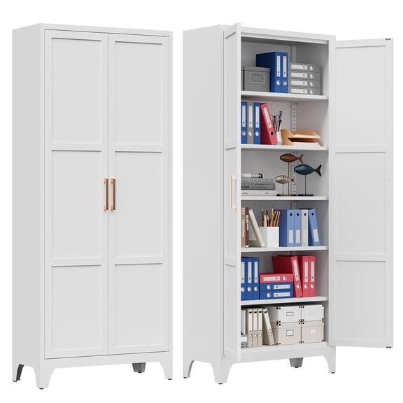 Kooyon 74.8" White Metal Garage Storage Cabinet, Freestanding Metal Garage Cabinet with Adjustable Shelves, Multi-Purpose Utility Storage Cabinet for Kitchen Pantry Bedroom Basement