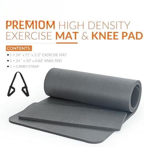 1/2-Inch High Density Exercise Yoga Mat with Strap | Multiple Options Gray,Yoga Mat w/Knee Pad
