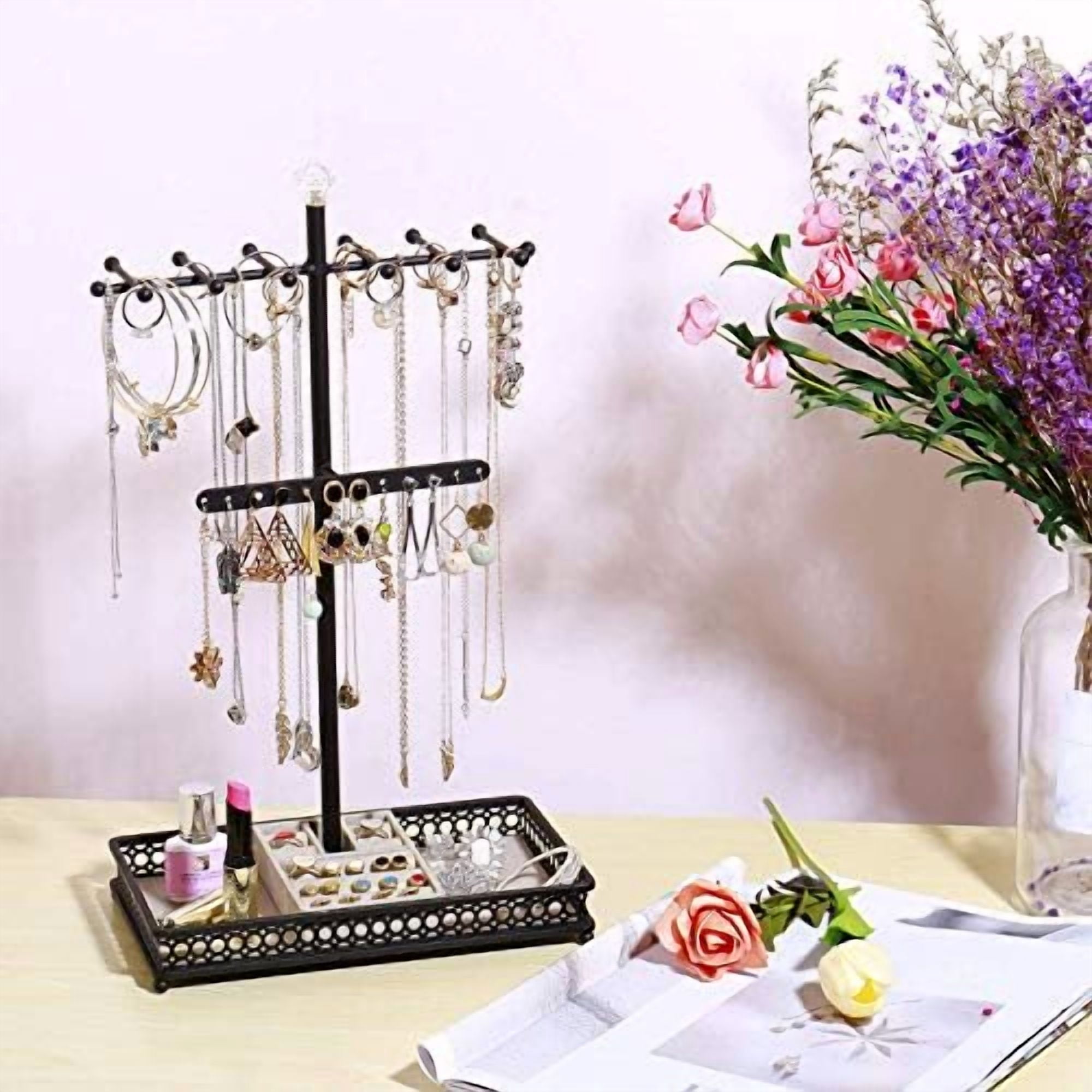 Jewelry Tree Stand Organizer 3in1 Necklace Organizer Display Bracelet Earrings and Ring Tray Jewelry Holder Hanger Metal（Black）