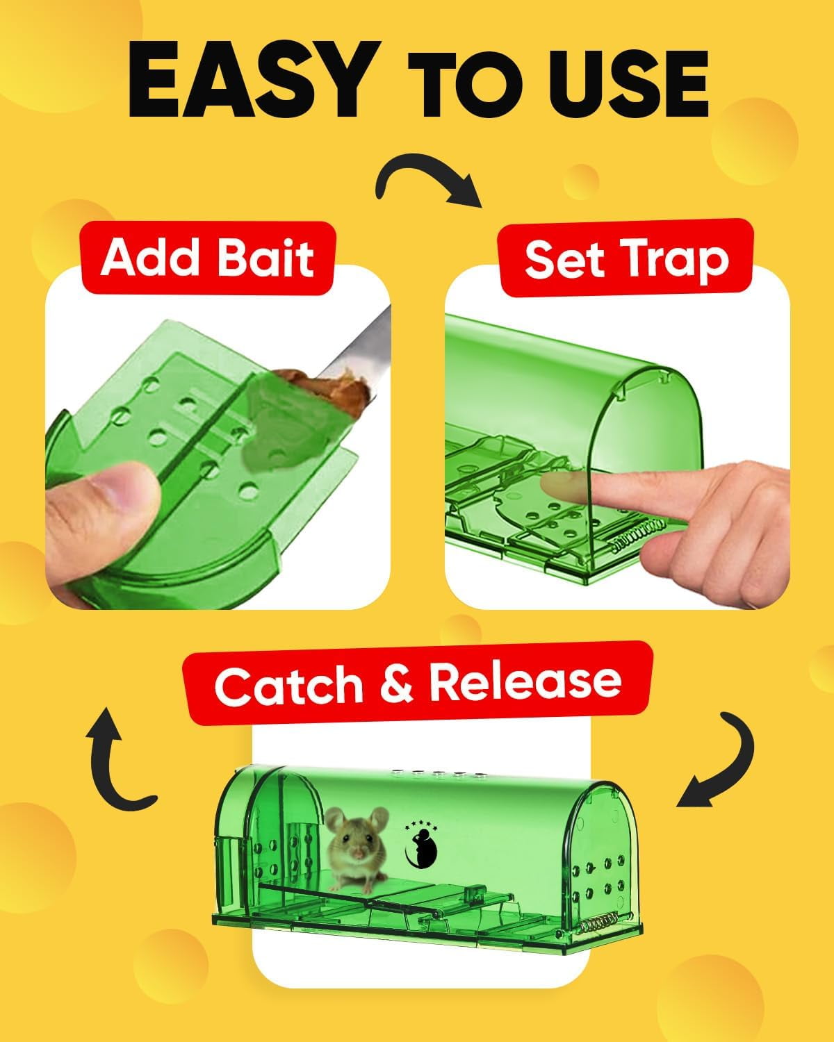 Humane Traps No Kill Live Catch and Release 4 Pack - Reusable, Easy to Use & Clean, Touch Release, Sensitive Includes Cleaning Brush, Instruction Manual Video Mousetrap Indoor