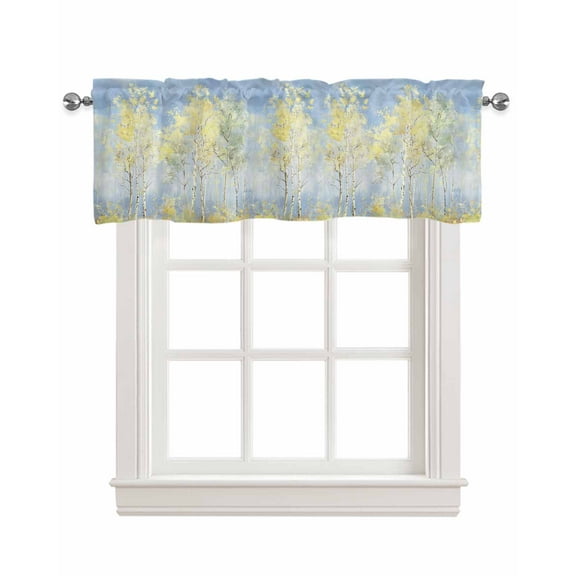 Modern Abstract Tree Linen Curtain Valance for Bedroom/Bathroom/Kitchen/Living/Dining Room Window,Yellow Blue Minimalist Nature Painting Pocket Topper Drapes Decorative Cafe Drapery Panel 42"x18"