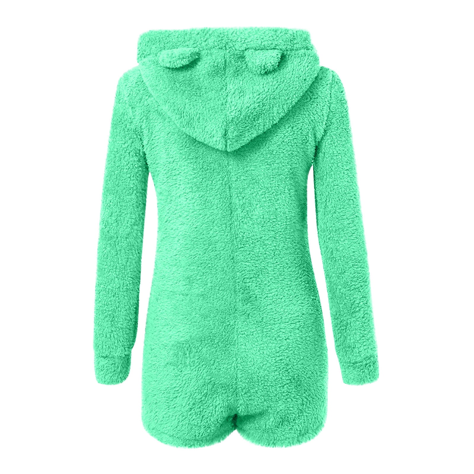 Womens Long Sleeve Onesies Pajamas Fuzzy Zip-Up Hooded Romper Warm Short Playsuit Jumpsuit Fleece Sherpa Sleepwear Green, XL