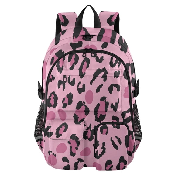 DIXRUYEE Leopard Print Pink Pattern Backpack for School 14”Laptop Compatible with Reflective Safety Strips