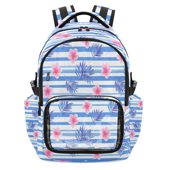 Qxltty Coastal Tropical Flower Backpack School Bookbag with Clear PVC Front Pocket, Laptop Compartment, Water Resistant Travel Daypack for Students
