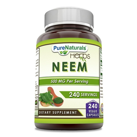 Pure Natural Neem 500 Mg Per Serving 240 Veggie Capsules Supplement | Non-GMO | Gluten Free | Made in USA | Suitable for Vegetarians