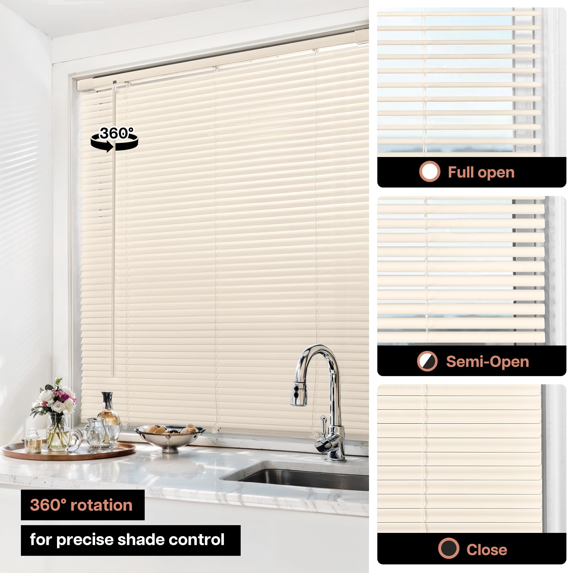LazBlinds No Tools No Drill Cordless 1" Vinyl Mini Blinds, 100% Privacy S-Curve Blinds for Indoor Windows, Room Darkening Horizontal Window Blinds and Shades for Home, 34 1/2" W x 48" H, Beige