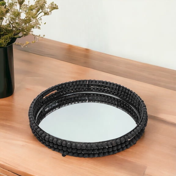 HomeRoots 376030 21 in. Matte Black Wood with Bead Mirrored Glass Bottom Round Tray