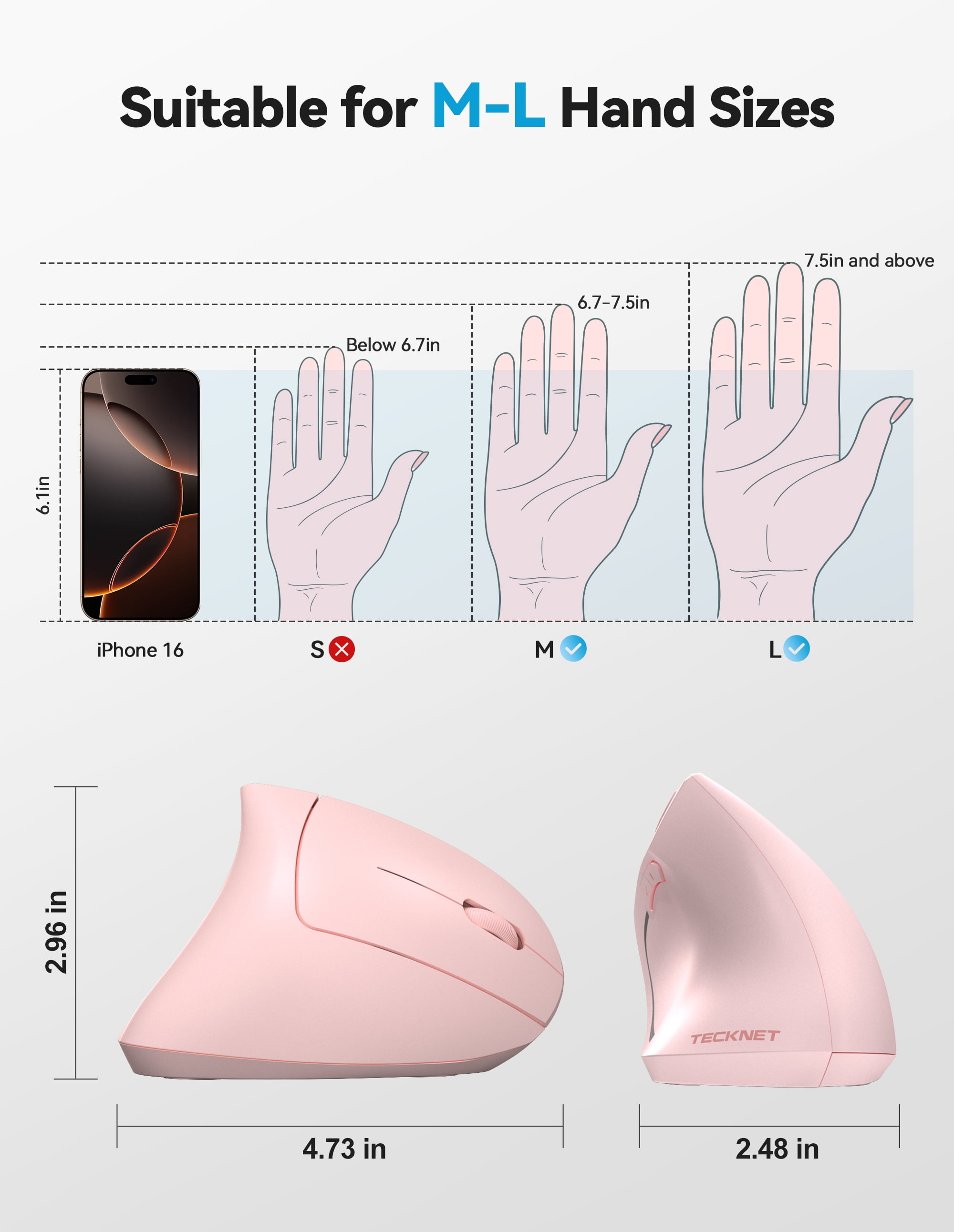 TECKNET Ergonomic Mouse, Rechargeable 2.4G+Bluetooth Vertical Mice 6 DPI Adjustable, Wireless Optical Carpal Tunnel Mouse Right Hand, Multi Device for Laptop, PC, Computer, MacBook, iPad - Pink