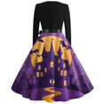 thumbnail image 3 of Vestido vintage de Halloween para mujer, vestido con estampado de murciélago, manga larga y cinturón, 3 of 3
