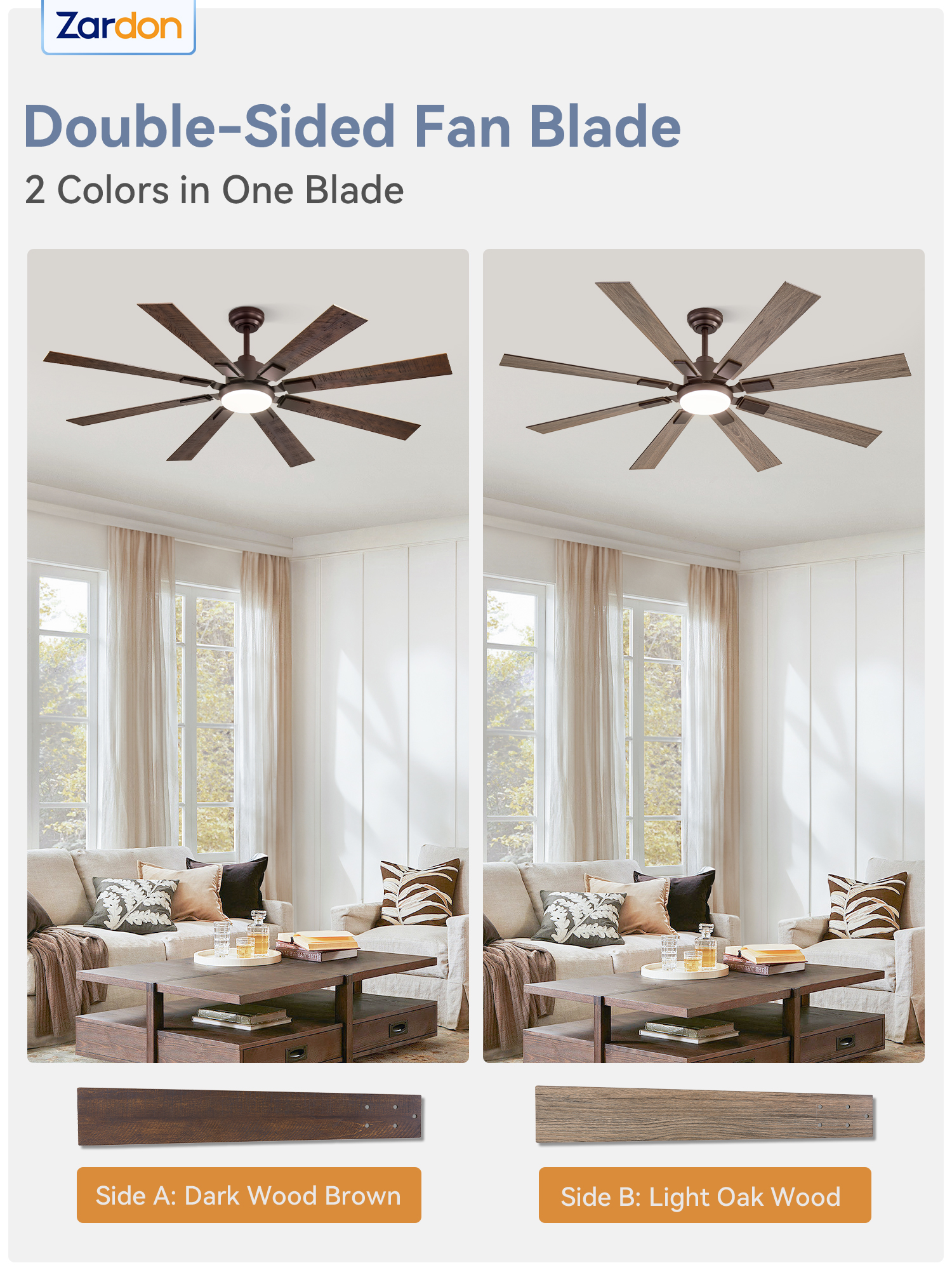 Zardon 62 inch Ceiling Fan with Light and Remote Control - Quiet DC Motor, 6 Speeds, Dual Finish Blades for Indoor Use - Oil Bronze