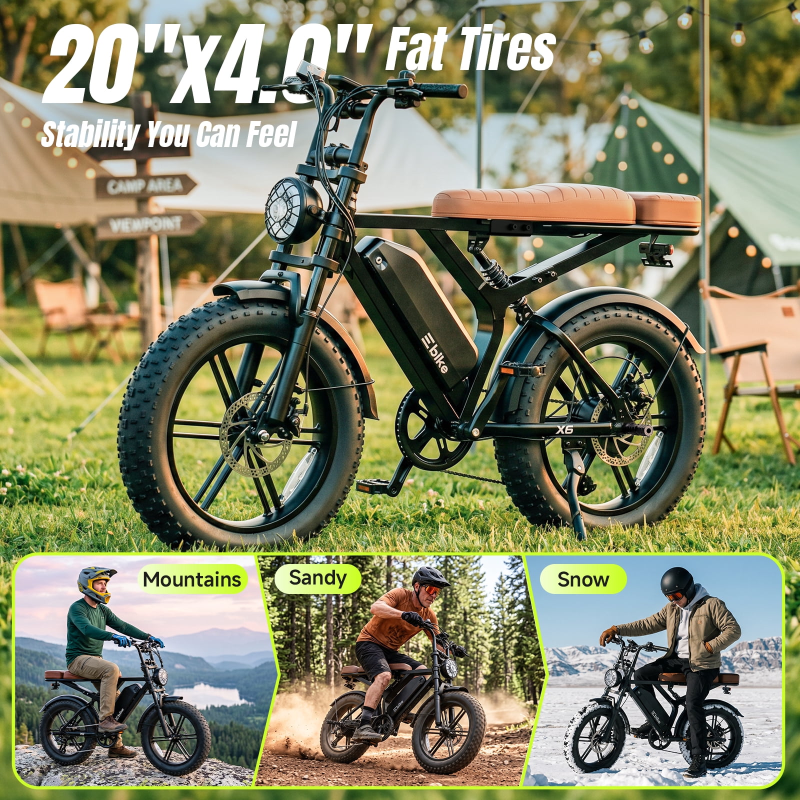 SISIGAD Electric Bike for Adults, 750W Motor 65 Miles Ebike with 48V 15Ah Removable Battery, 20"x4.0" Fat Tire E Mountain Bike for Age 16+, UL2849