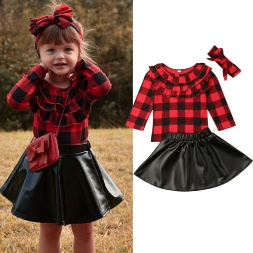Toddler Kids Baby Girl Outfit Clothes Plaid Tops T Shirt PU Skirt Dress Headband 3PCS Set