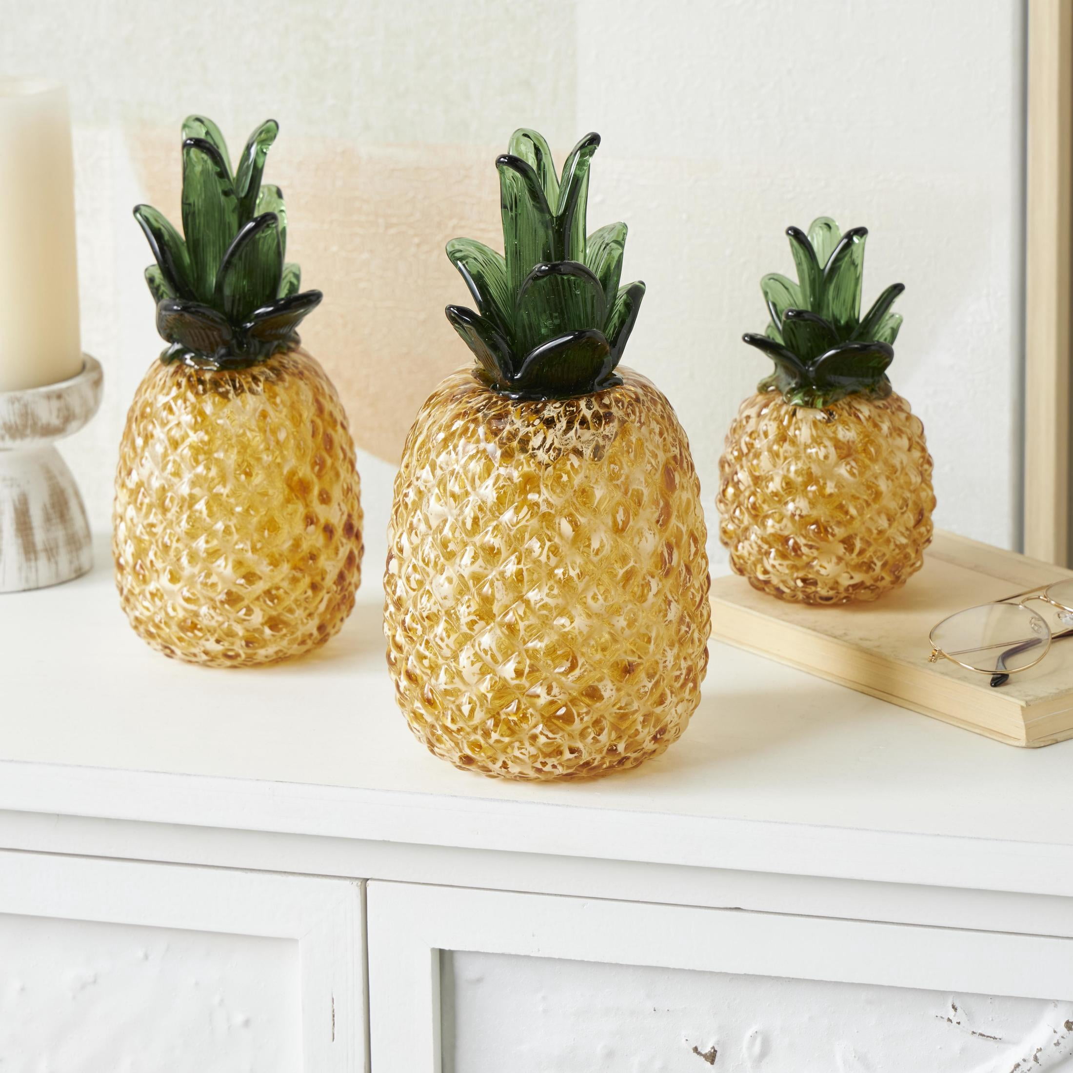 11", 10", 7"H Orange Glass Faceted Pineapple Fruit Sculpture, by DecMode (3 Count)