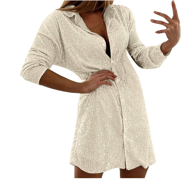 Robe Chemise Mini Ample pour Femme Unie à Paillettes Brillante Printemps Liquidation Manches Longues Col à Revers Boutonnée Élégante Décontractée Tendance Beige P