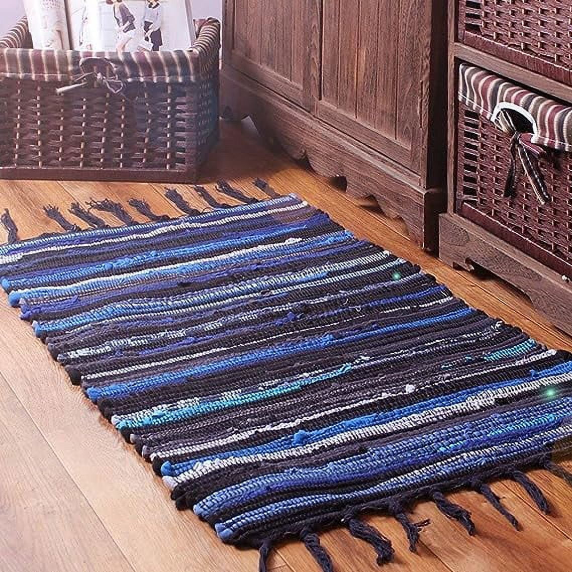 Namzi Rag Rug, Machine Washable Cotton Reversible Rag Rug Hand Woven Multi Color Striped Area Rug Floor Rugs for Bedroom, Living Room, Kitchen and Laundry Room (20"x 31", Blue)